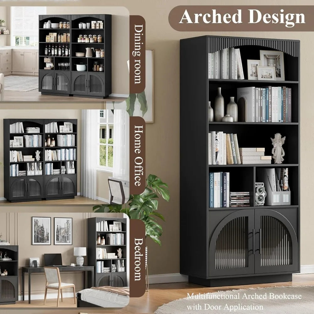 70 Inch Tall Bookshelf with Doors 5 Tier Storage Cabinet and Adjustable Shelves Mid Century Modern Bookcase Wood Finish