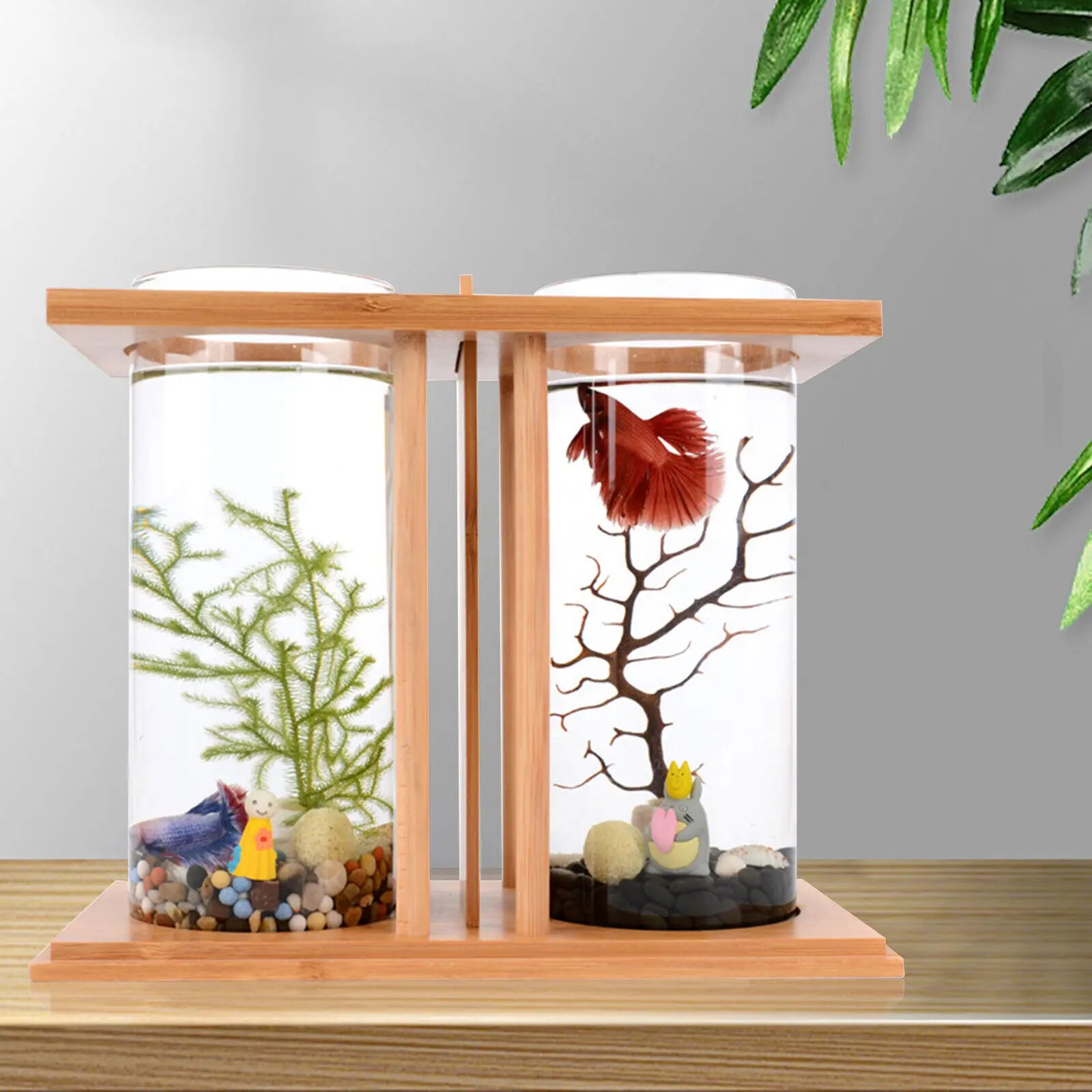 Glass Betta Fish Tank Bamboo Base Mini Aquarium For Desktop - Cheerful Home Finds