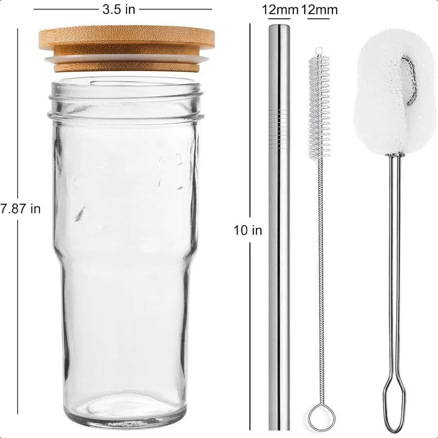 4 Pack Glass Cups with Bamboo Lids and Straws 24 oz Mason Jar Glass Tumblers Reusable Boba Cups Iced Coffee Drinking Glasses