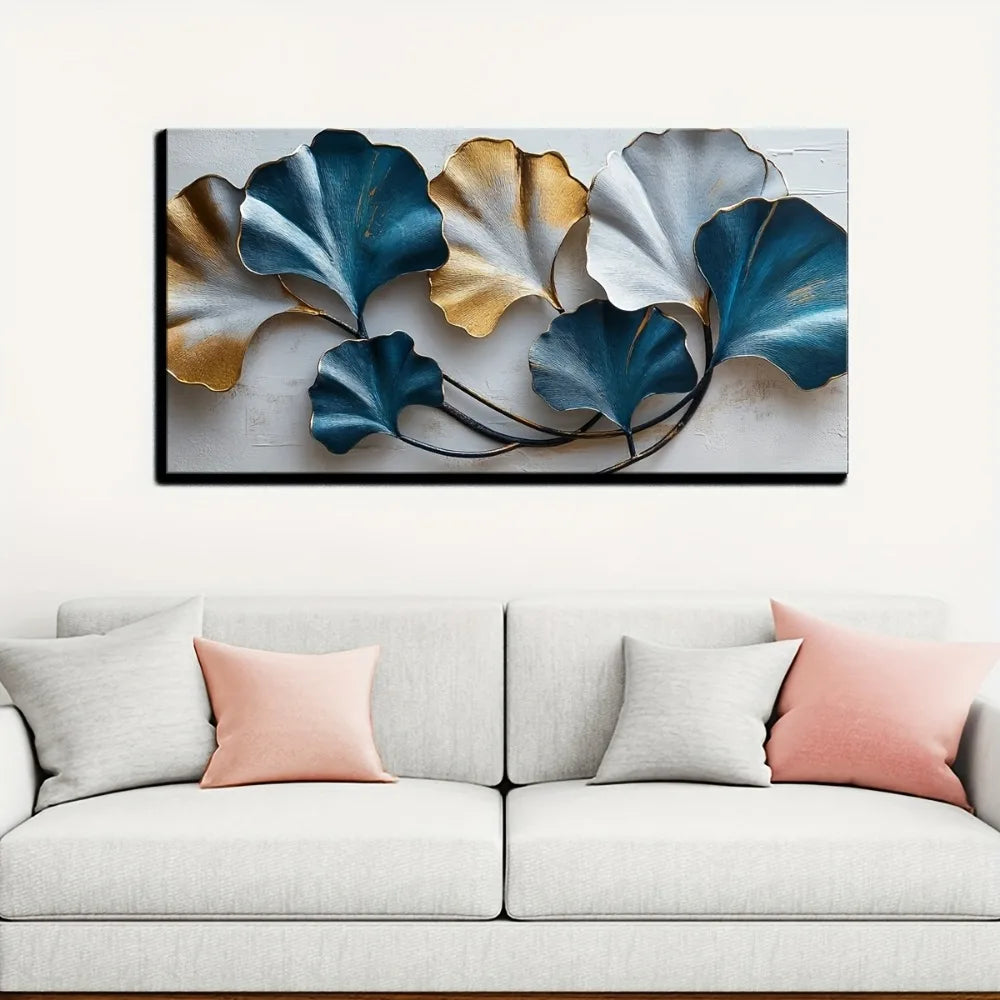 Blue And Yellow Leaf Canvas Wall Art Elegant Sketch Still Life Home Decor 1.5 Inch Thick Pine Solid Wood Frame - Cheerful Home Finds