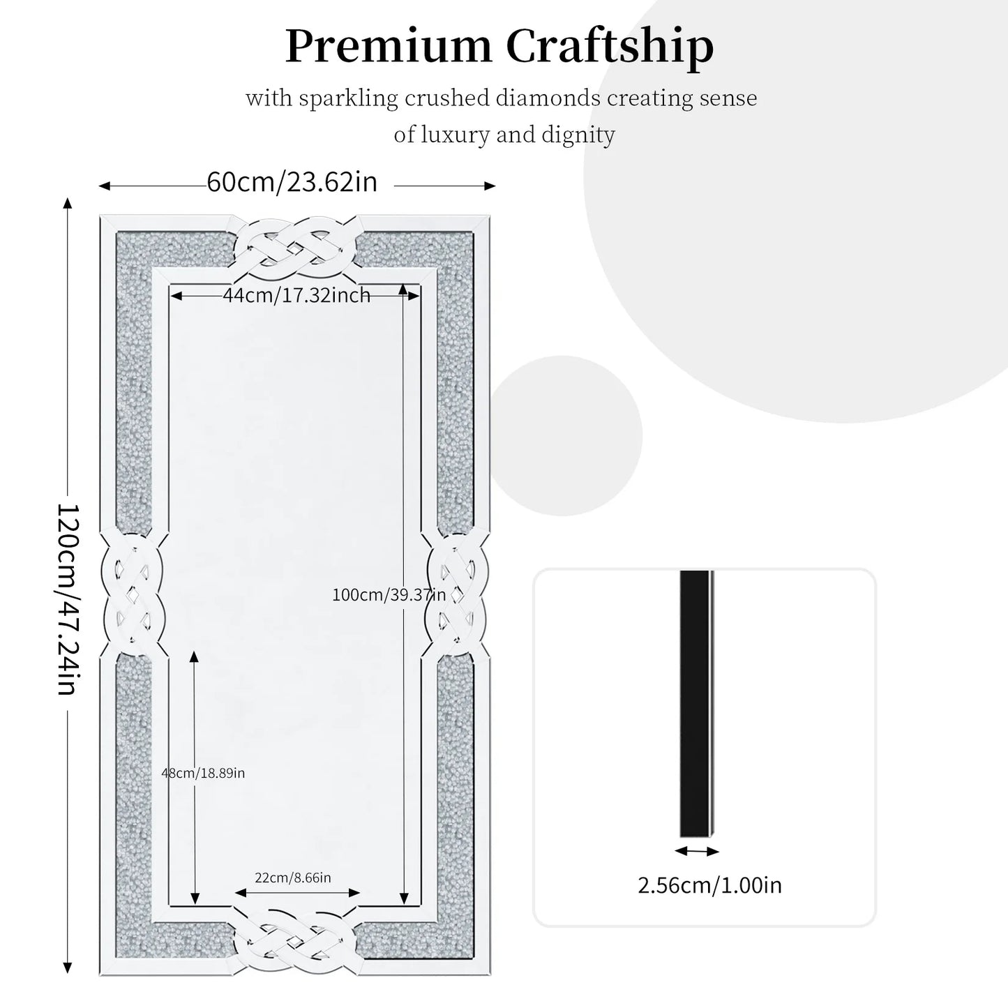 90/100/120CM Large Crystal Crush Diamond Mirror Vanity Silver Decorative Wall Hang Mirror - Cheerful Home Finds