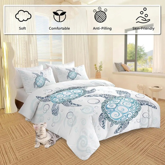 Aqua Teal Sea Bedding Set Three Piece Twin Duvet Cover with Pillowcases Ocean Beach Theme - Cheerful Home Finds