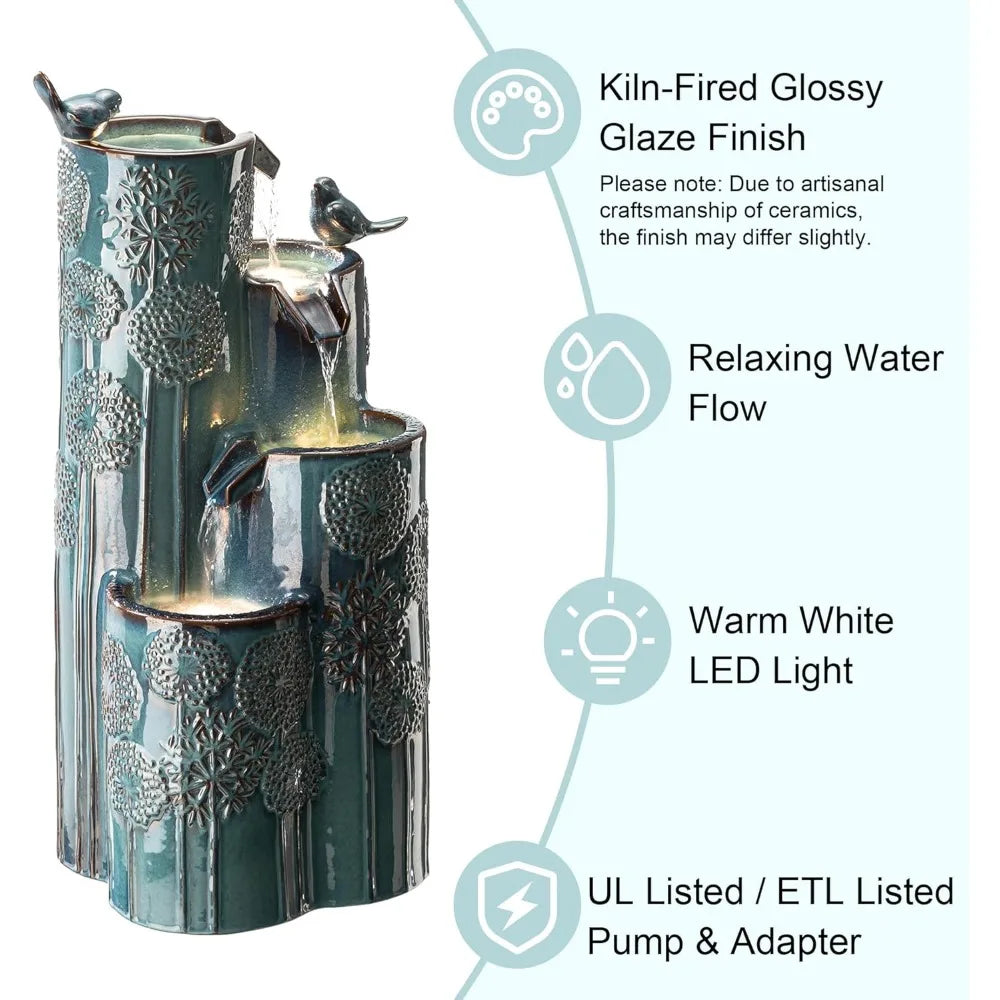 31.75 Inch Outdoor Water Fountain with LED Lights and Pump 4 Tier Dandelion Texture Vase Shaped Ceramic Floor Standing Fountain