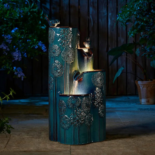 31.75 Inch Outdoor Water Fountain with LED Lights and Pump 4 Tier Dandelion Texture Vase Shaped Ceramic Floor Standing Fountain