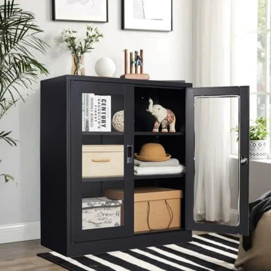 Black Metal Storage Cabinet with Doors and Shelves Display Cabinet with Acrylic Doors - Cheerful Home Finds