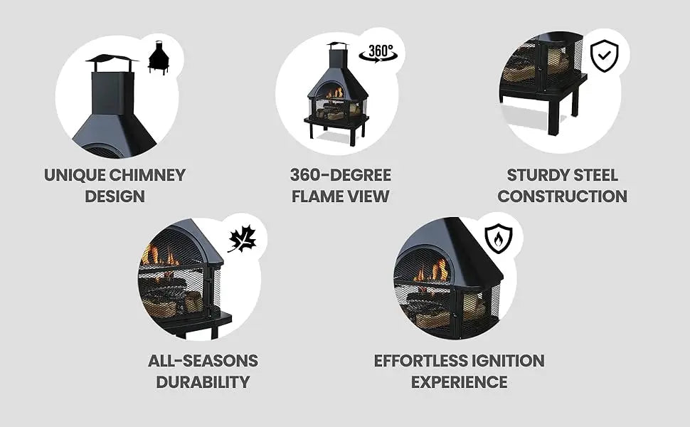 Wood Burning Fireplace Outdoor Steel Chimney Rectangular Fire Bowl Black - Cheerful Home Finds