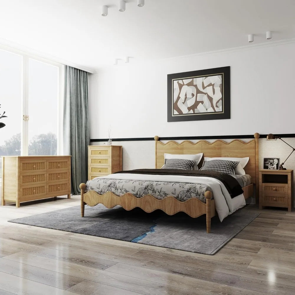 Farmhouse Bedroom Set 3 Pieces Rustic Wood 6 Drawer Dresser Nightstands and Wide Chest of Drawers Furniture