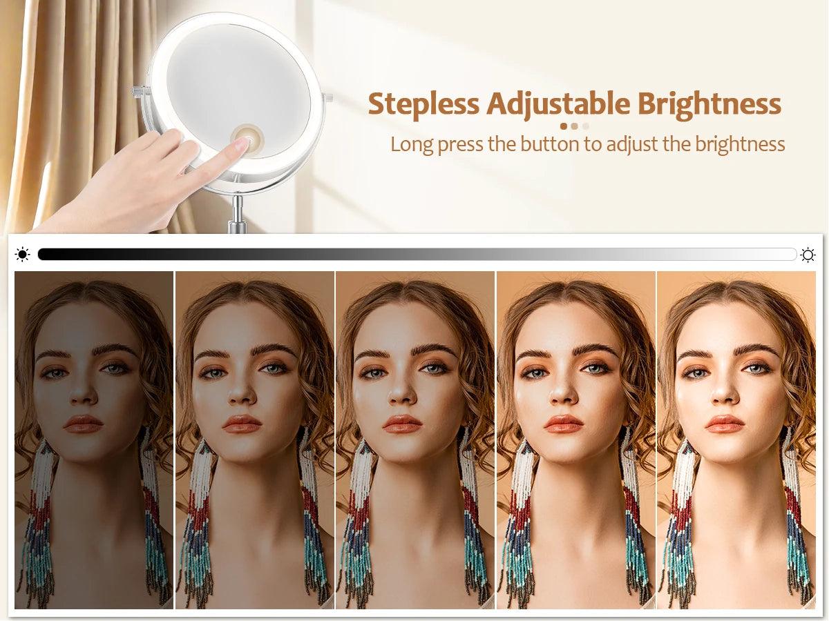 8 Inch Makeup Mirror With Light Lamp 10X Magnification 3 Color Lights Adjustable Brightness Height Standing Mirror - Cheerful Home Finds