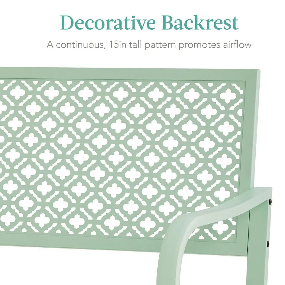 Outdoor Metal Bench for Two Persons Steel Garden Patio Furniture with Geometric Backrest Lightweight Weather Resistant Easy Assembly