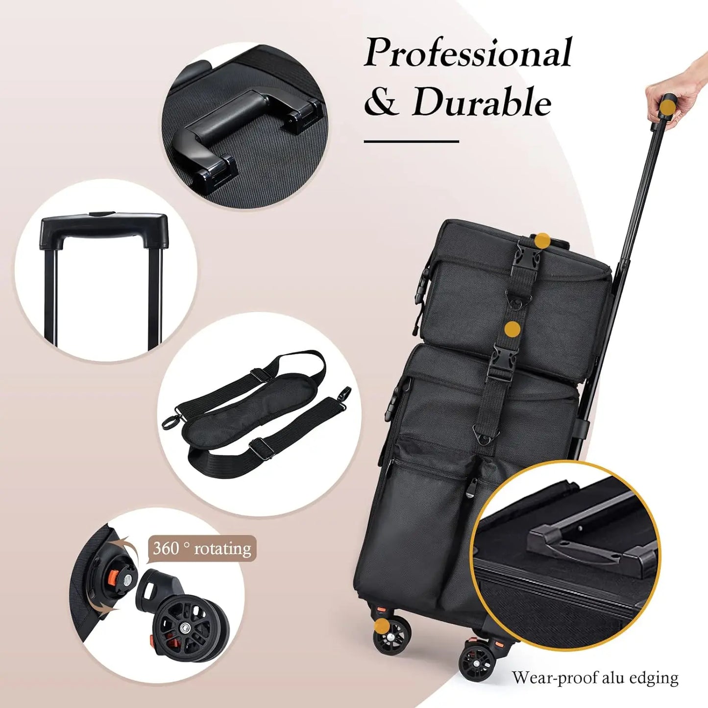 Professional Makeup Case, 2in1 Travel Rolling Case with Wheels - Cheerful Home Finds