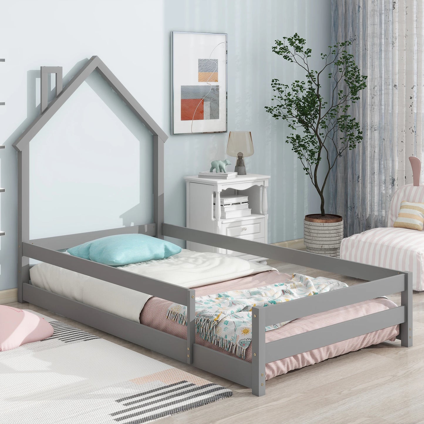 Twin Size Wood Bed With House-Shaped Headboard Grey - Cheerful Home Finds