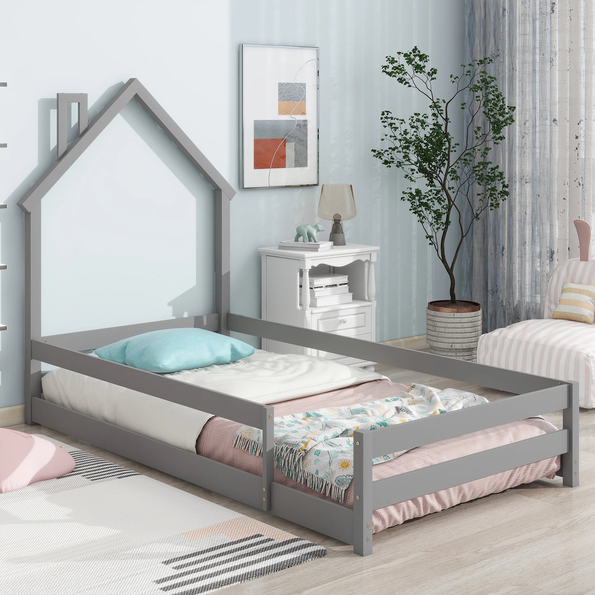 Twin Size Wood Bed With House-Shaped Headboard Grey - Cheerful Home Finds