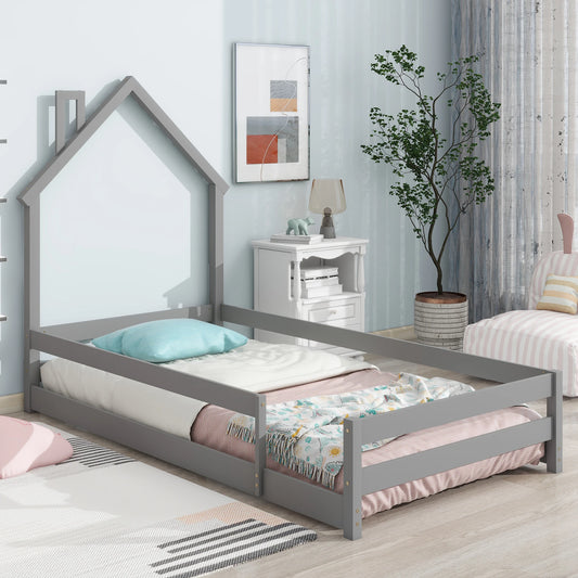 Twin Size Wood Bed With House-Shaped Headboard Grey - Cheerful Home Finds