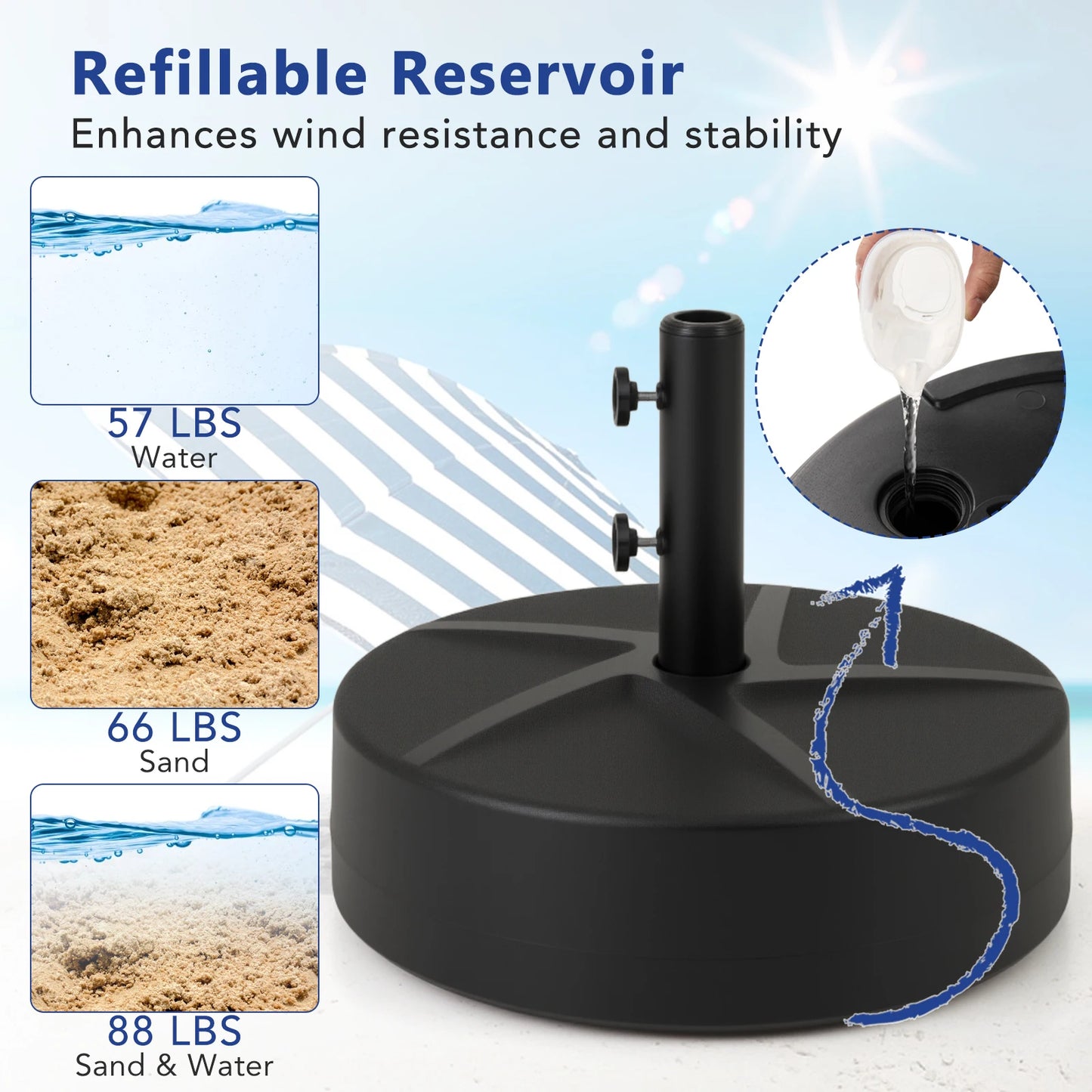 Patio Round Umbrella Base with Two Adjustable Knobs and Three Adapters for Outdoor Poolside Use
