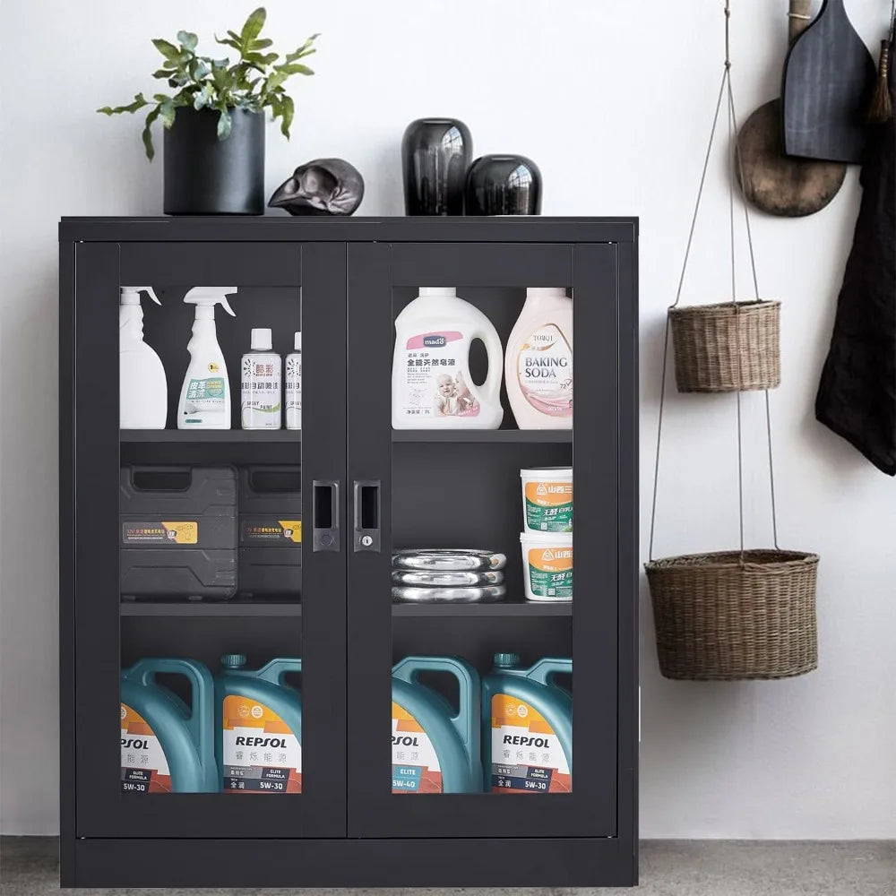 Black Metal Storage Cabinet with Doors and Shelves Display Cabinet with Acrylic Doors - Cheerful Home Finds