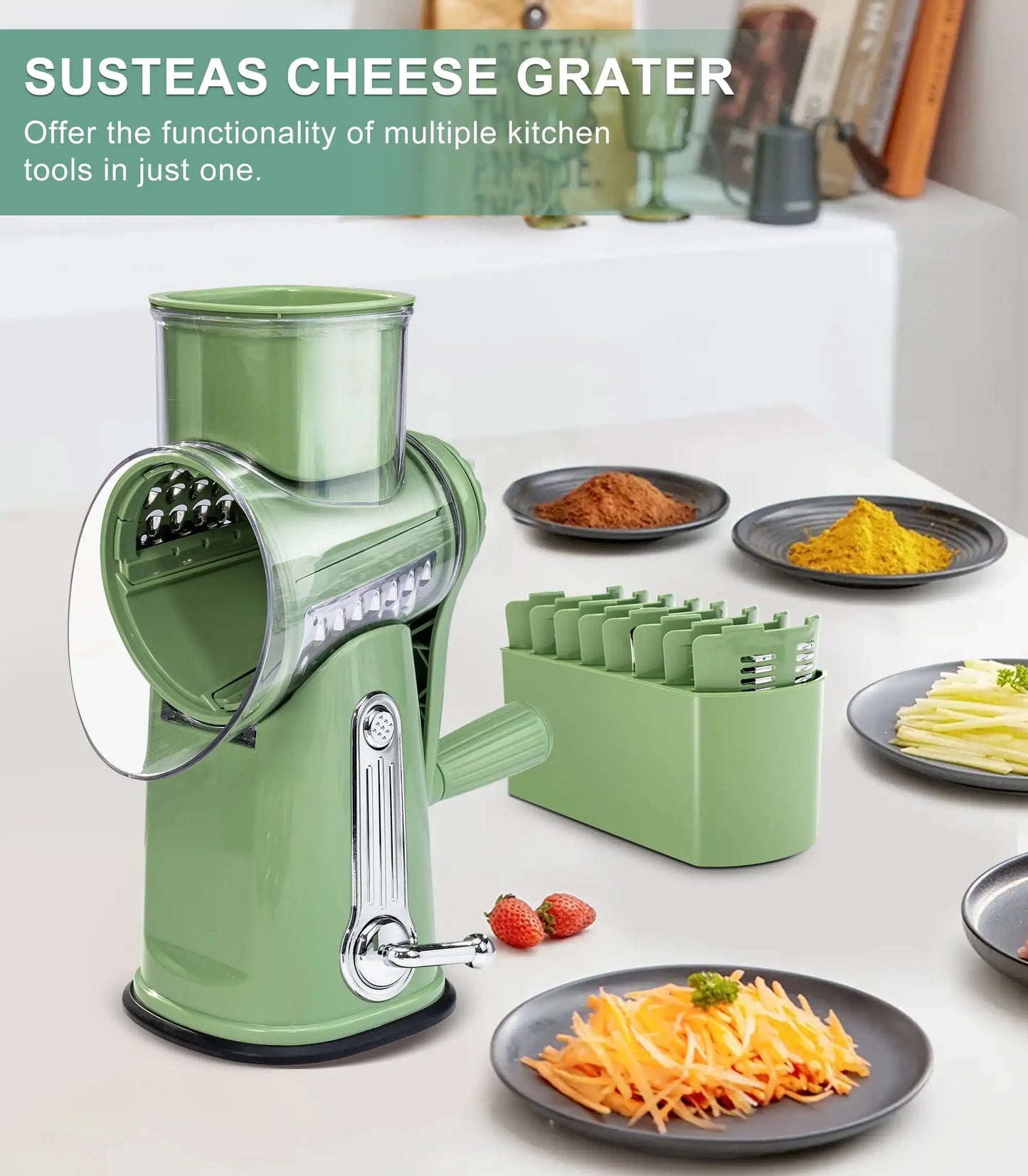 Rotary Cheese Grater with Handle Food Shredder and 5 Well Designed Blades with Strong Suction Base Round Mandoline Slicer - Cheerful Home Finds