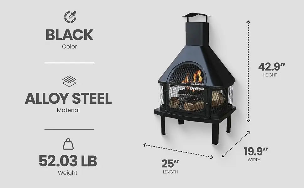 Wood Burning Fireplace Outdoor Steel Chimney Rectangular Fire Bowl Black - Cheerful Home Finds