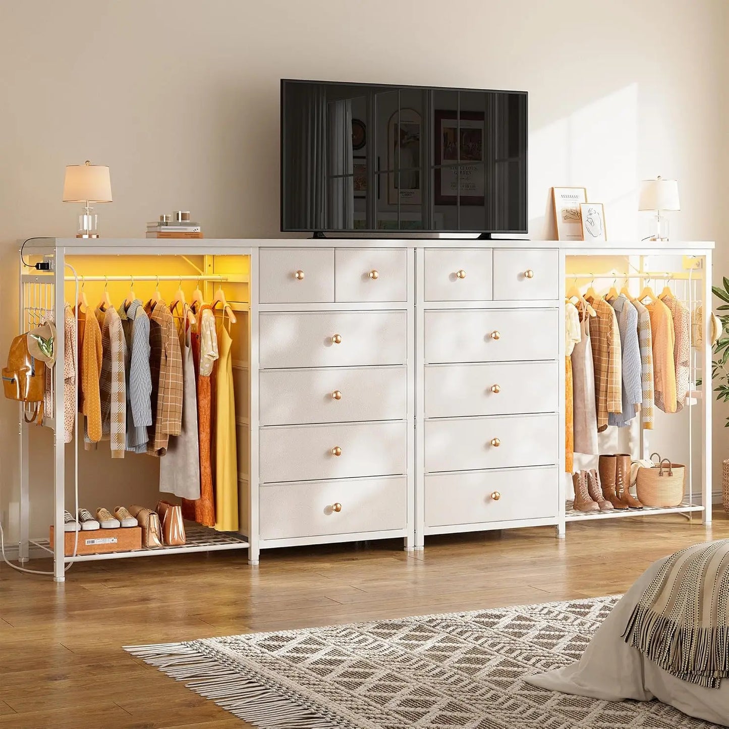 49.2 Inch White Dresser for Bedroom with Hanging Rack and Six Drawers LED Lights and Charging Station Fabric Dressers - Cheerful Home Finds