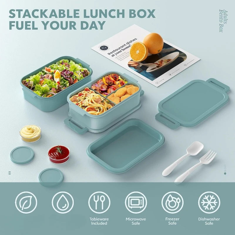 72oz Three Layers All in One Large Bento Box Leak Proof with Utensil Sauce Dressing Containers for Dining Out Work Green
