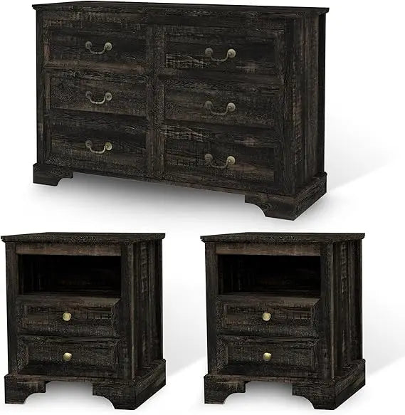 Farmhouse Bedroom Set 3 Pieces Rustic Wood 6 Drawer Dresser Nightstands and Wide Chest of Drawers Furniture