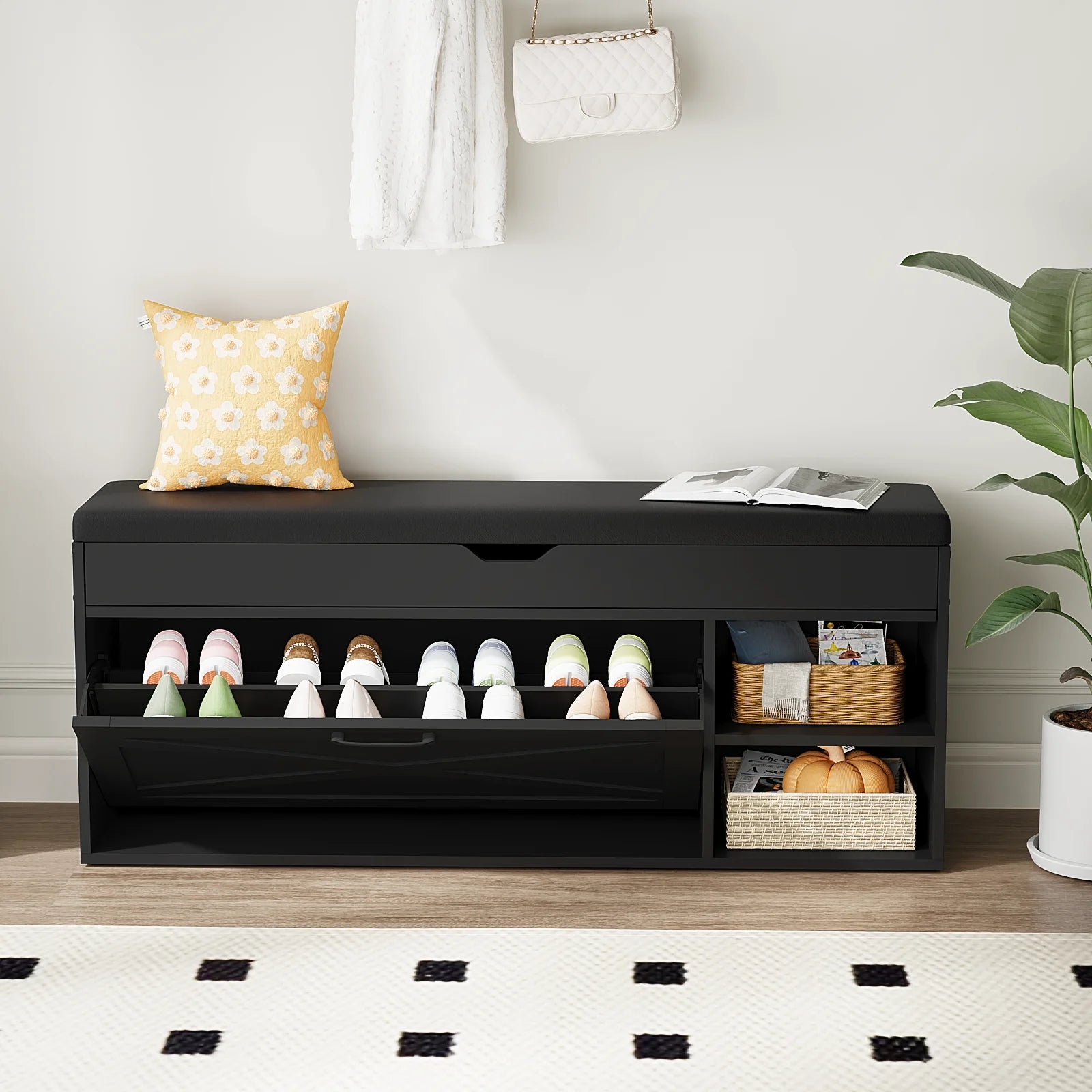 VOWNER Shoe Bench Cabinet with 1 Flip Drawers and 2 Compartments - Cheerful Home Finds