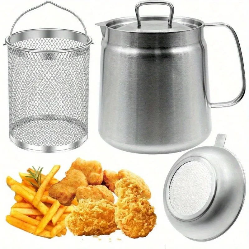 304 Stainless Steel Oil Filter Pot with Strainer Deep Fryer Basket - Cheerful Home Finds