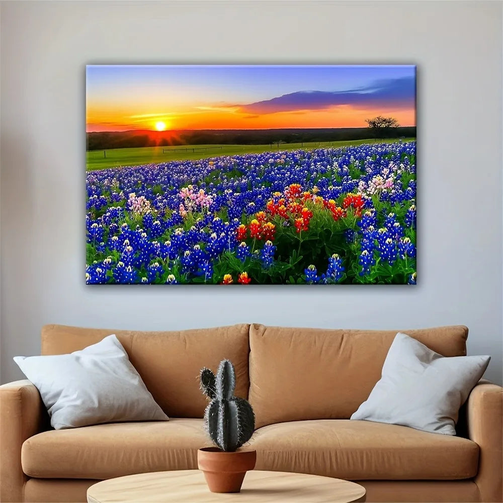 1.5 Inch Thick Pine Frame Blue Lily Sunset Canvas Art Vibrant Wildflower Landscape Wall Decoration Suitable for Interior Decoration - Cheerful Home Finds