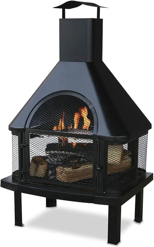 Wood Burning Fireplace Outdoor Steel Chimney Rectangular Fire Bowl Black - Cheerful Home Finds