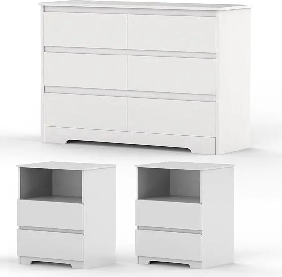 Farmhouse Bedroom Set 3 Pieces Rustic Wood 6 Drawer Dresser Nightstands and Wide Chest of Drawers Furniture