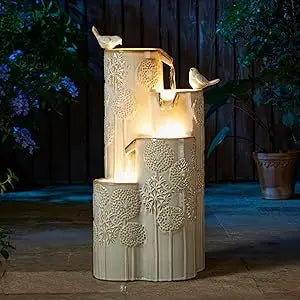31.75 Inch Outdoor Water Fountain with LED Lights and Pump 4 Tier Dandelion Texture Vase Shaped Ceramic Floor Standing Fountain