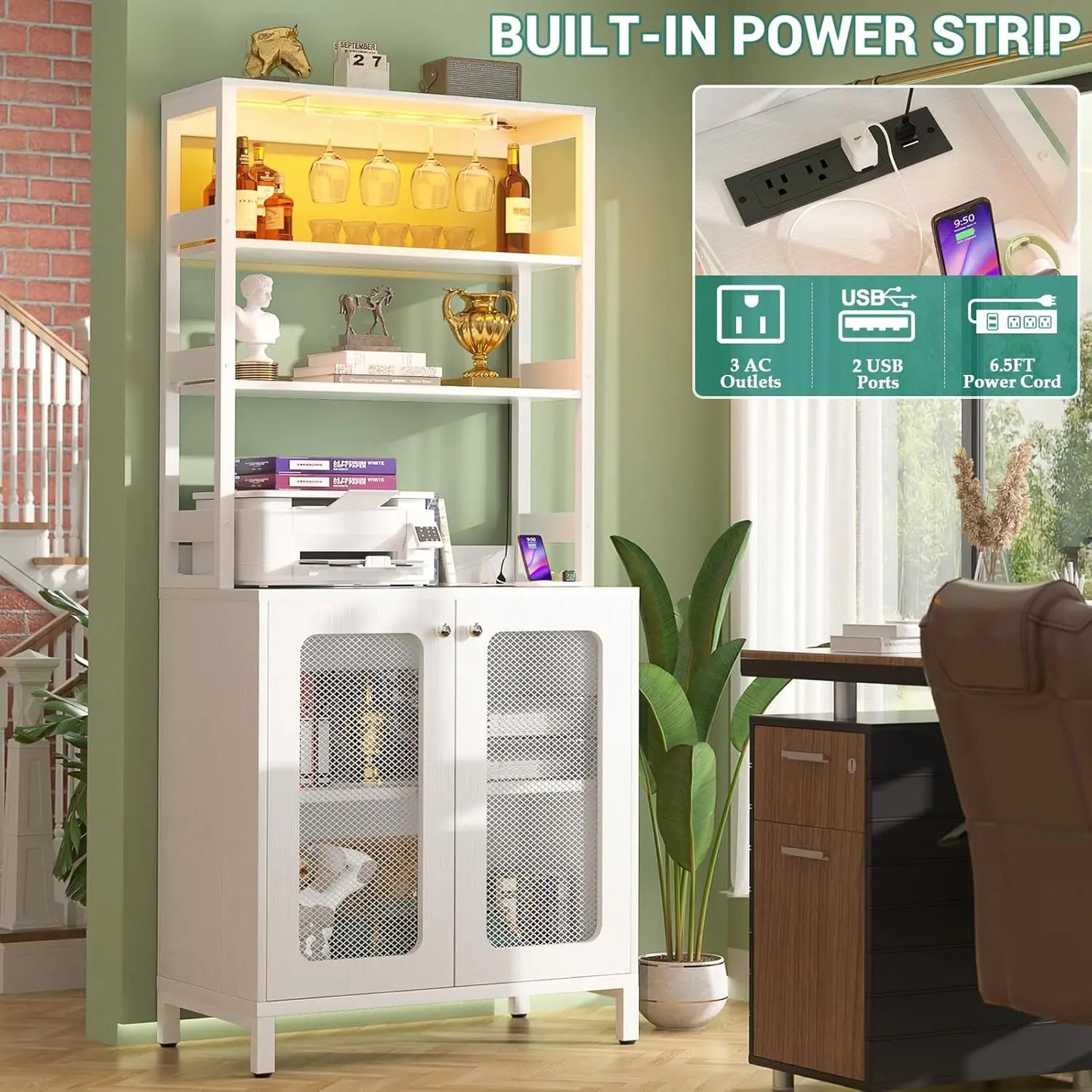 Bar Cabinet with Power Outlets, 67 Inch Tall Wine Bar - Cheerful Home Finds