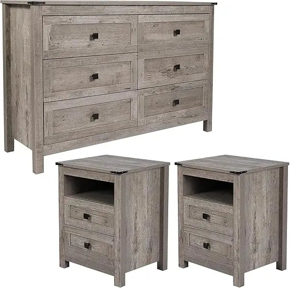Farmhouse Bedroom Set 3 Pieces Rustic Wood 6 Drawer Dresser Nightstands and Wide Chest of Drawers Furniture