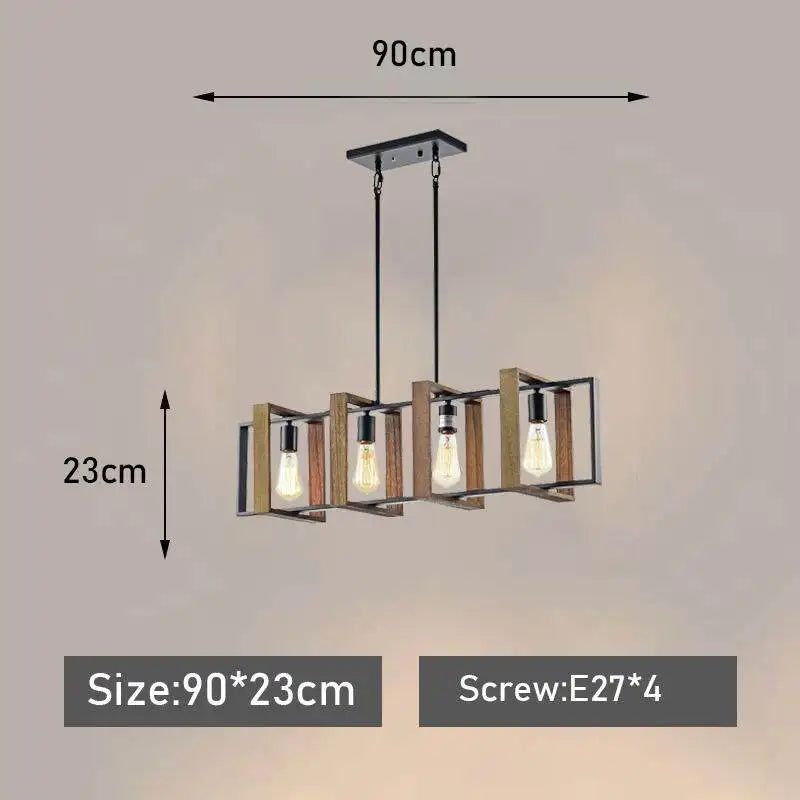 Vintage Industrial Style 4-Head Pendant Light Solid Wood Iron Hanging Lamps for Dining Room and Restaurant Lighting Fixture