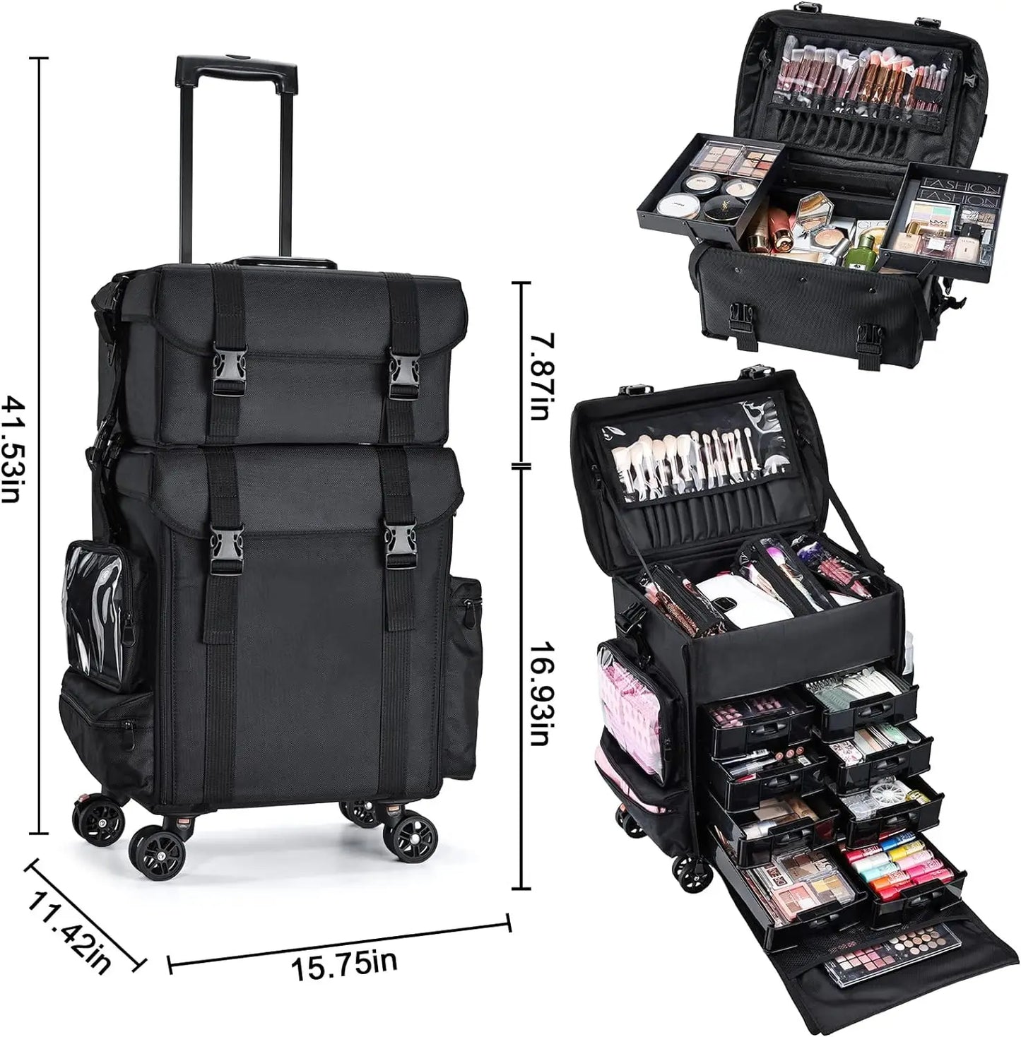 Professional Makeup Case, 2in1 Travel Rolling Case with Wheels - Cheerful Home Finds
