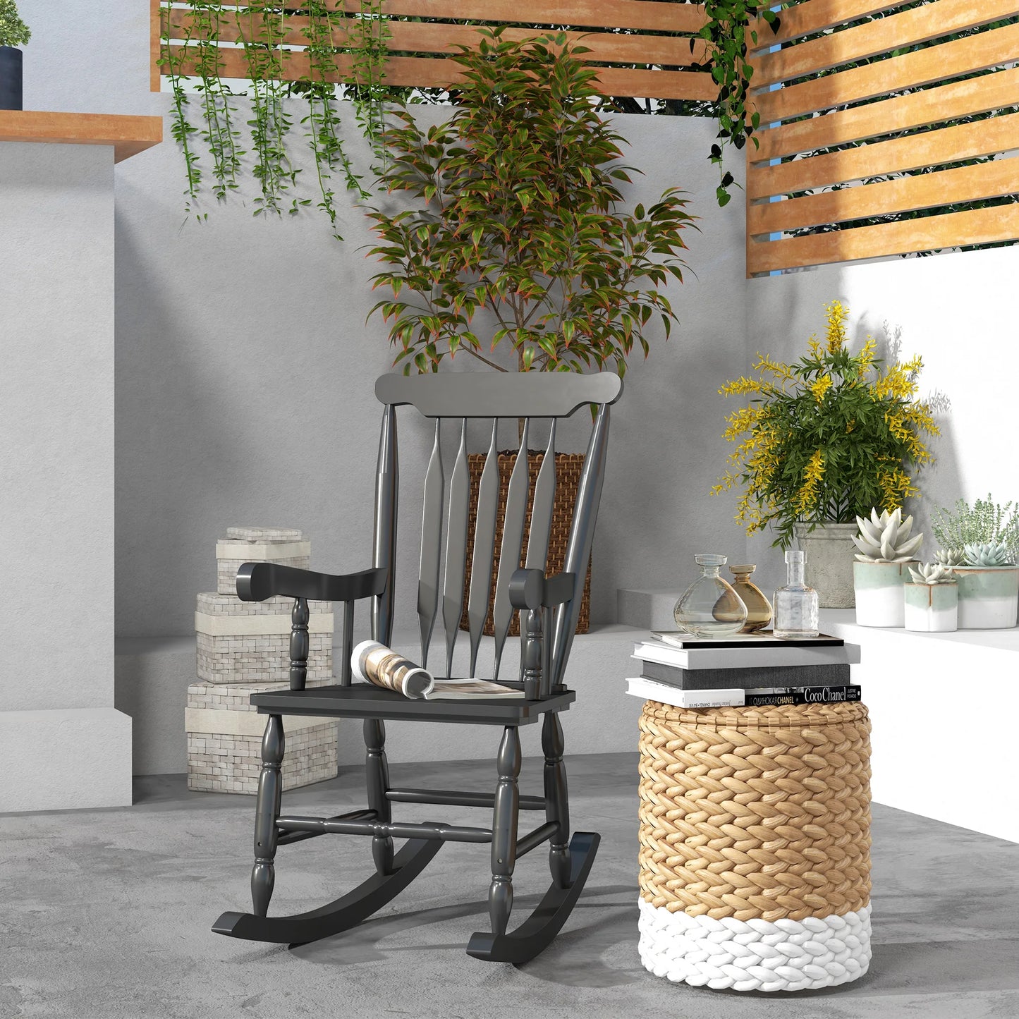 Outsunny 350 Lbs Outdoor Wood Rocking Chair Black High Back - Cheerful Home Finds