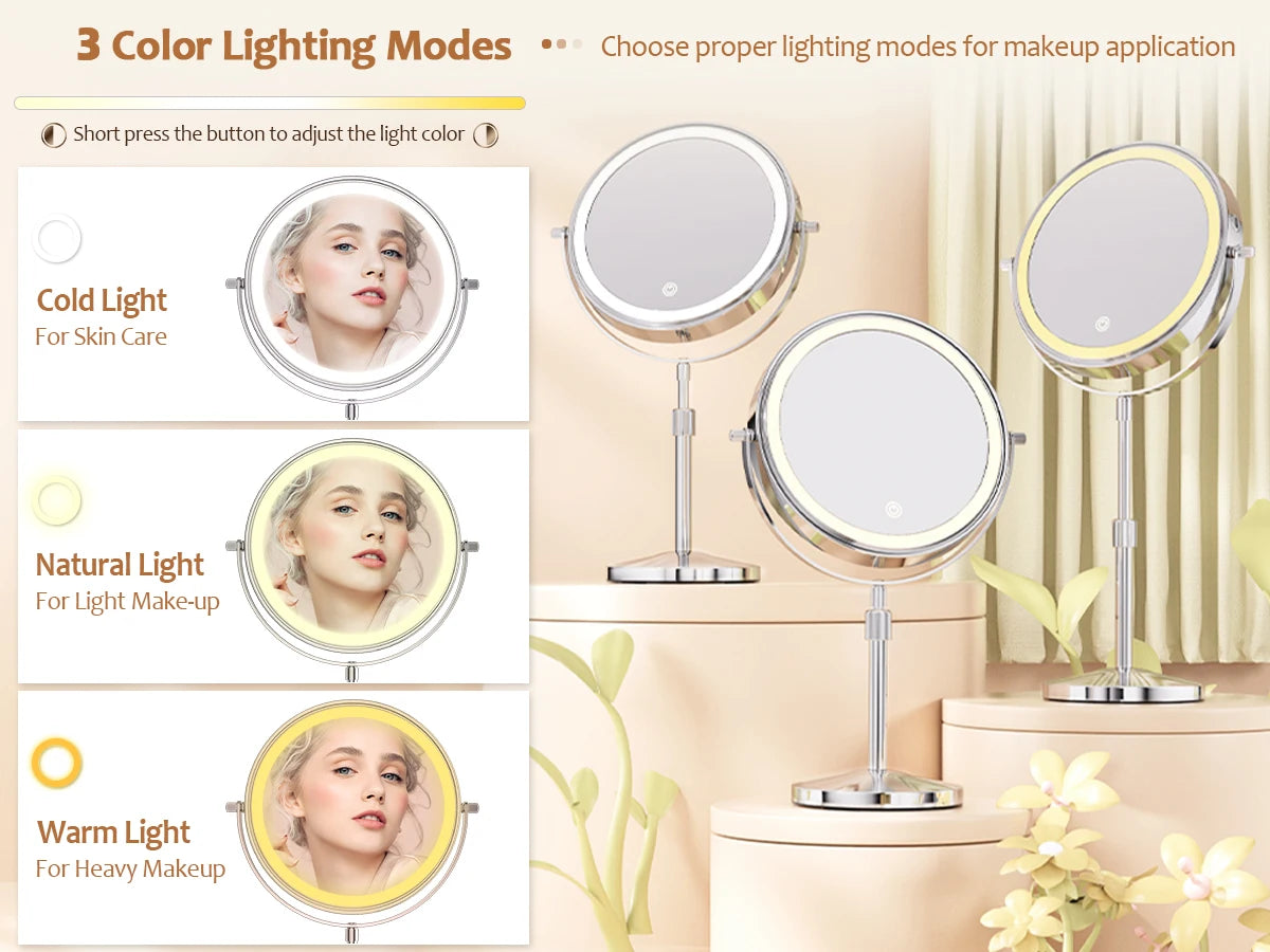 8 Inch Makeup Mirror With Light Lamp 10X Magnification 3 Color Lights Adjustable Brightness Height Standing Mirror - Cheerful Home Finds