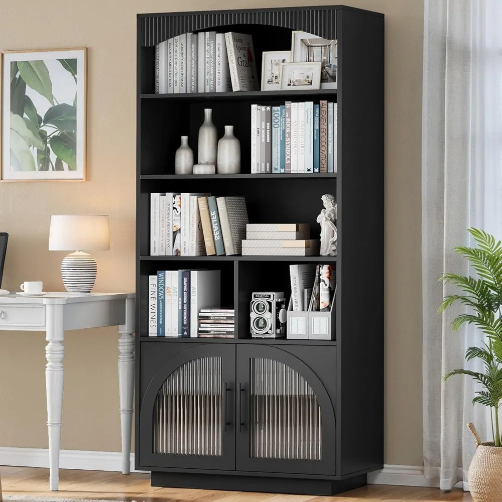 70 Inch Tall Bookshelf with Doors 5 Tier Storage Cabinet and Adjustable Shelves Mid Century Modern Bookcase Wood Finish