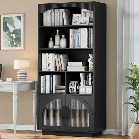 70 Inch Tall Bookshelf with Doors 5 Tier Storage Cabinet and Adjustable Shelves Mid Century Modern Bookcase Wood Finish