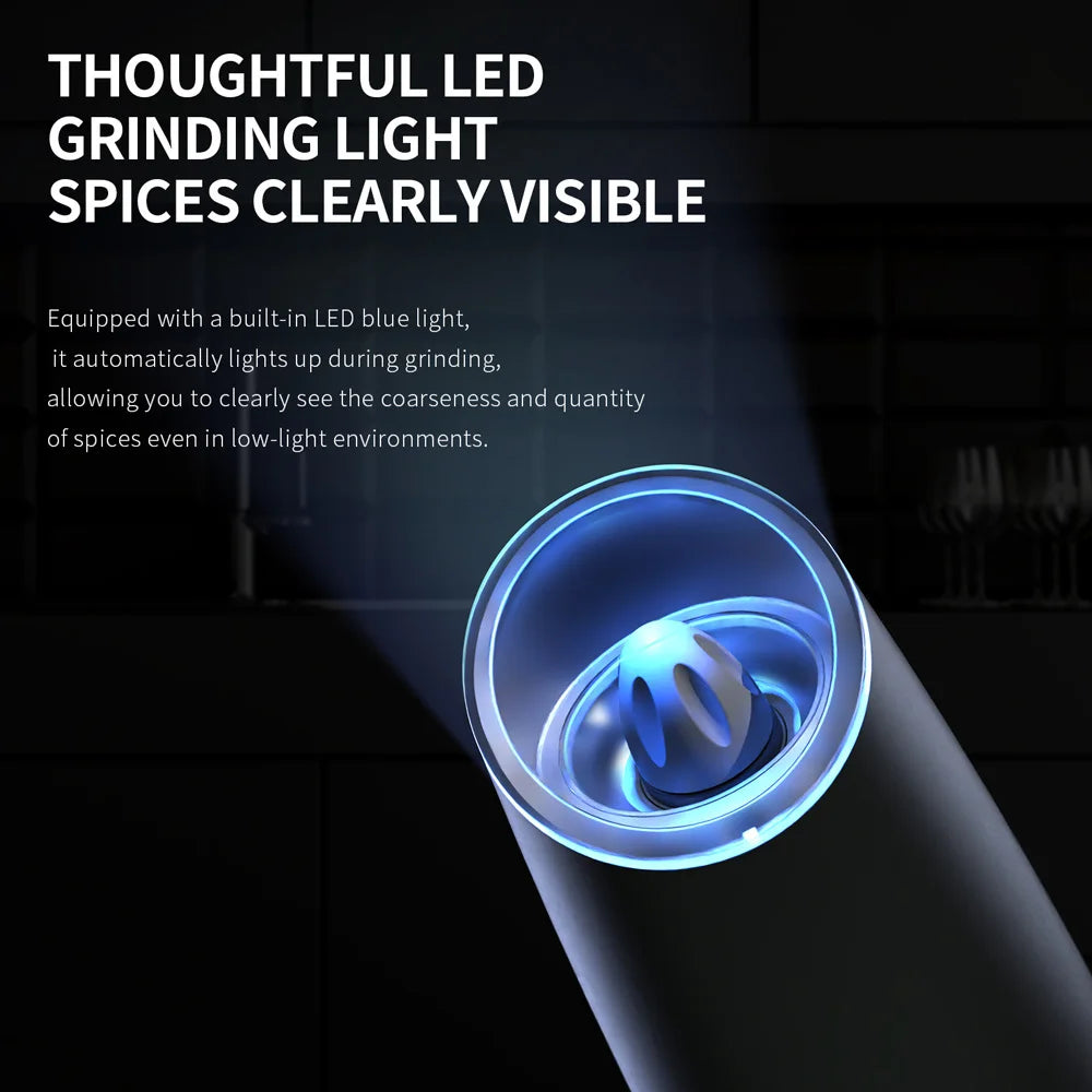 1/2Pcs Gravity Electric Salt And Pepper Grinder Set Battery Powered LED Light One Hand Automatic Operation - Cheerful Home Finds