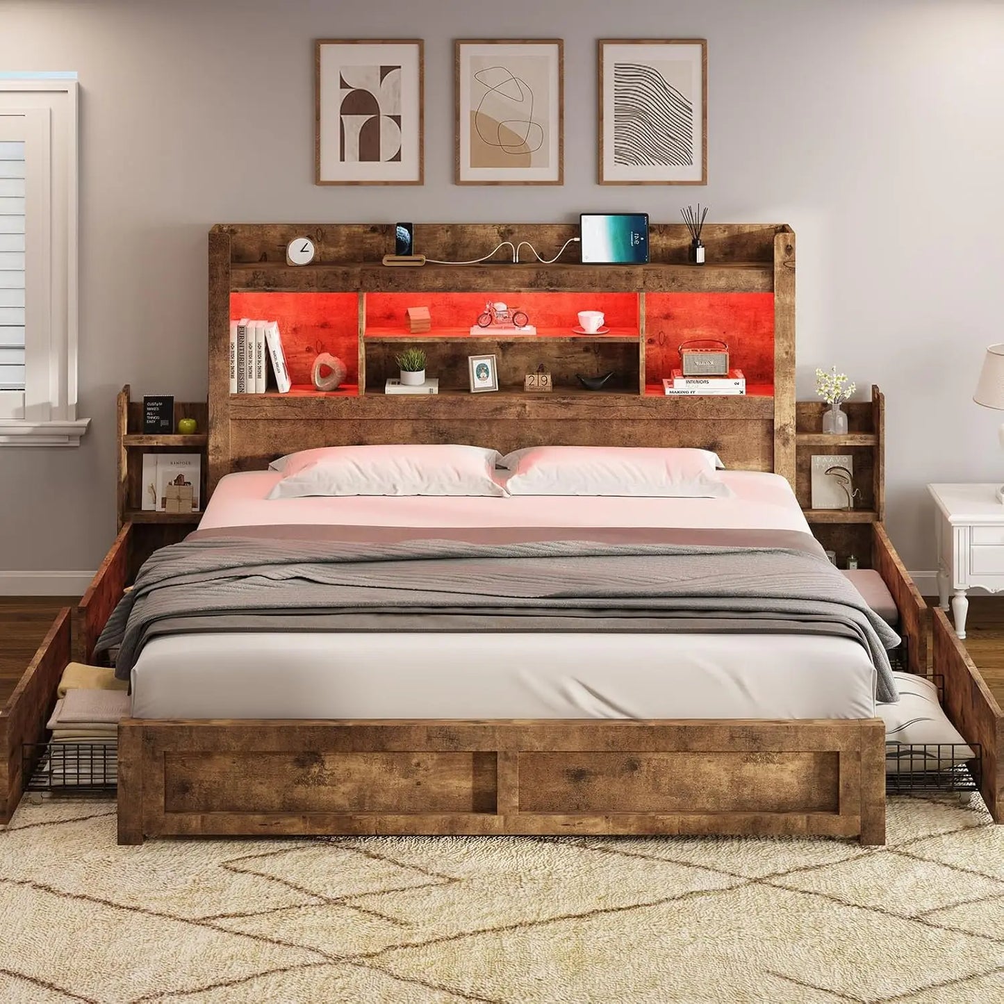 Queen Bed Frame With 4 Storage Drawers Wood Bed Frame With 49.6 Inch Tall Bookcase Headboard LED Platform Bed With Charging - Cheerful Home Finds