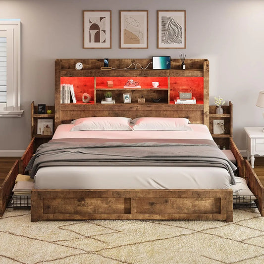 Queen Bed Frame With 4 Storage Drawers Wood Bed Frame With 49.6 Inch Tall Bookcase Headboard LED Platform Bed With Charging - Cheerful Home Finds