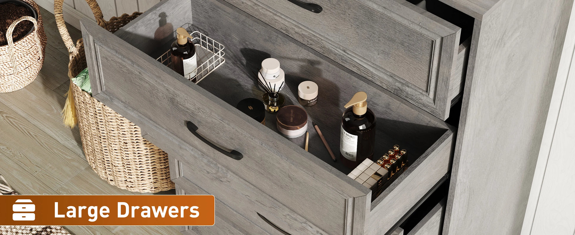 Vabches Wooden Dresser for Bedroom 47 Inch Tall 5 Drawer Storage Organizer with Metal Handles - Cheerful Home Finds