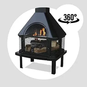 Wood Burning Fireplace Outdoor Steel Chimney Rectangular Fire Bowl Black - Cheerful Home Finds