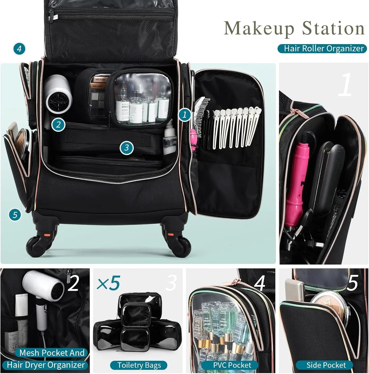 Professional Rolling Makeup Train Case with 5 Toiletry Bags - Cheerful Home Finds