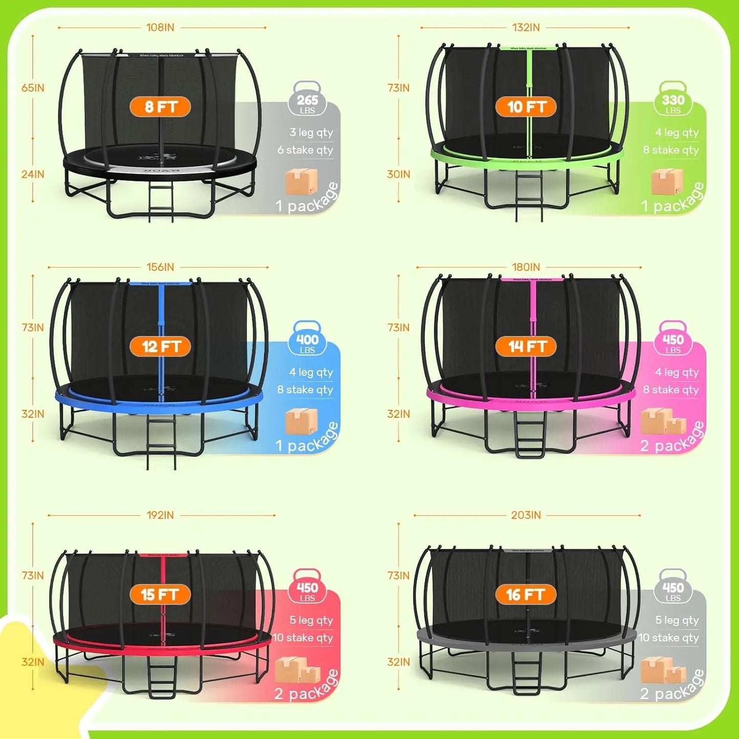 8FT 10FT 12FT 14FT 15FT 16FT Recreational Trampoline with Enclosure - Cheerful Home Finds