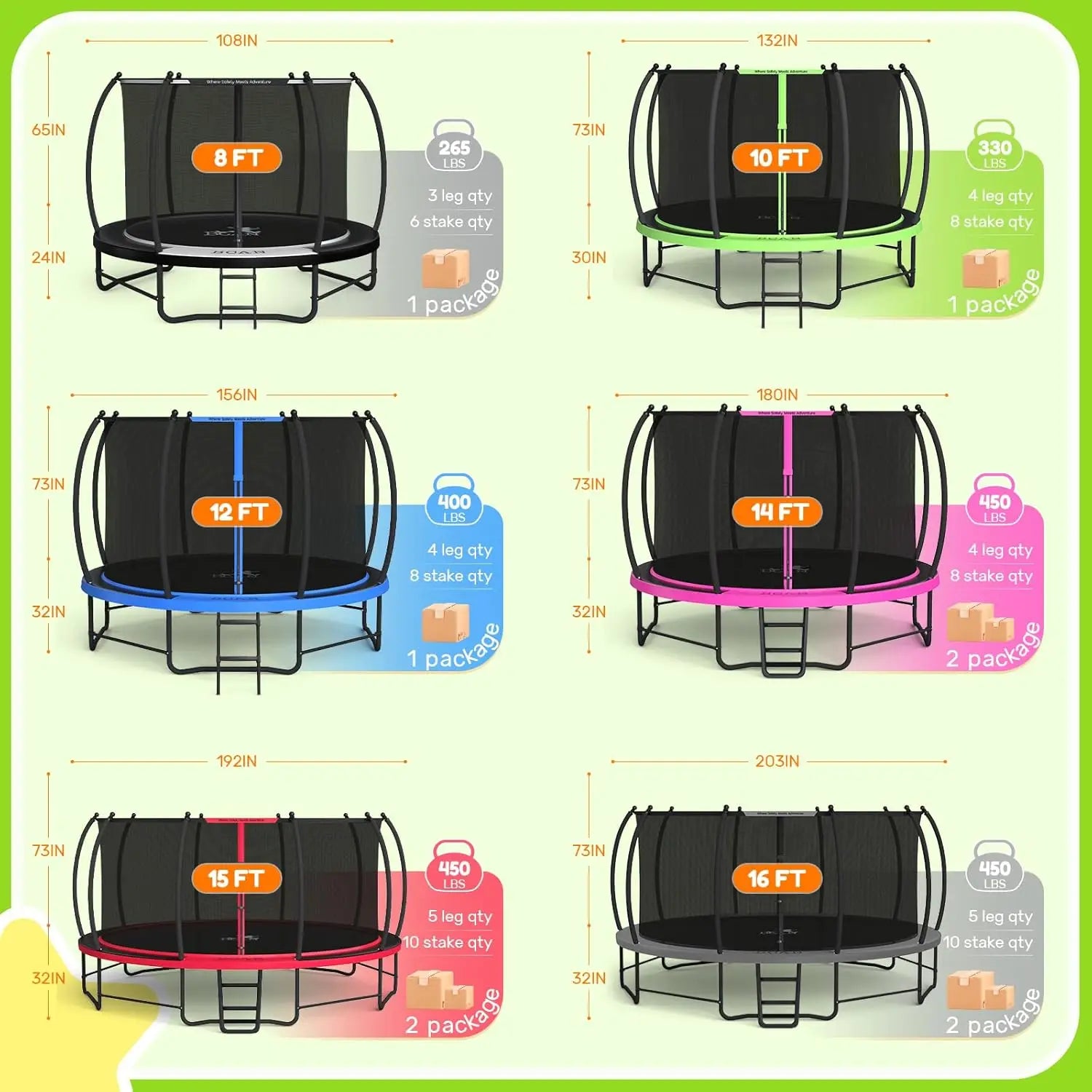 8FT 10FT 12FT 14FT 15FT 16FT Recreational Trampoline with Enclosure - Cheerful Home Finds