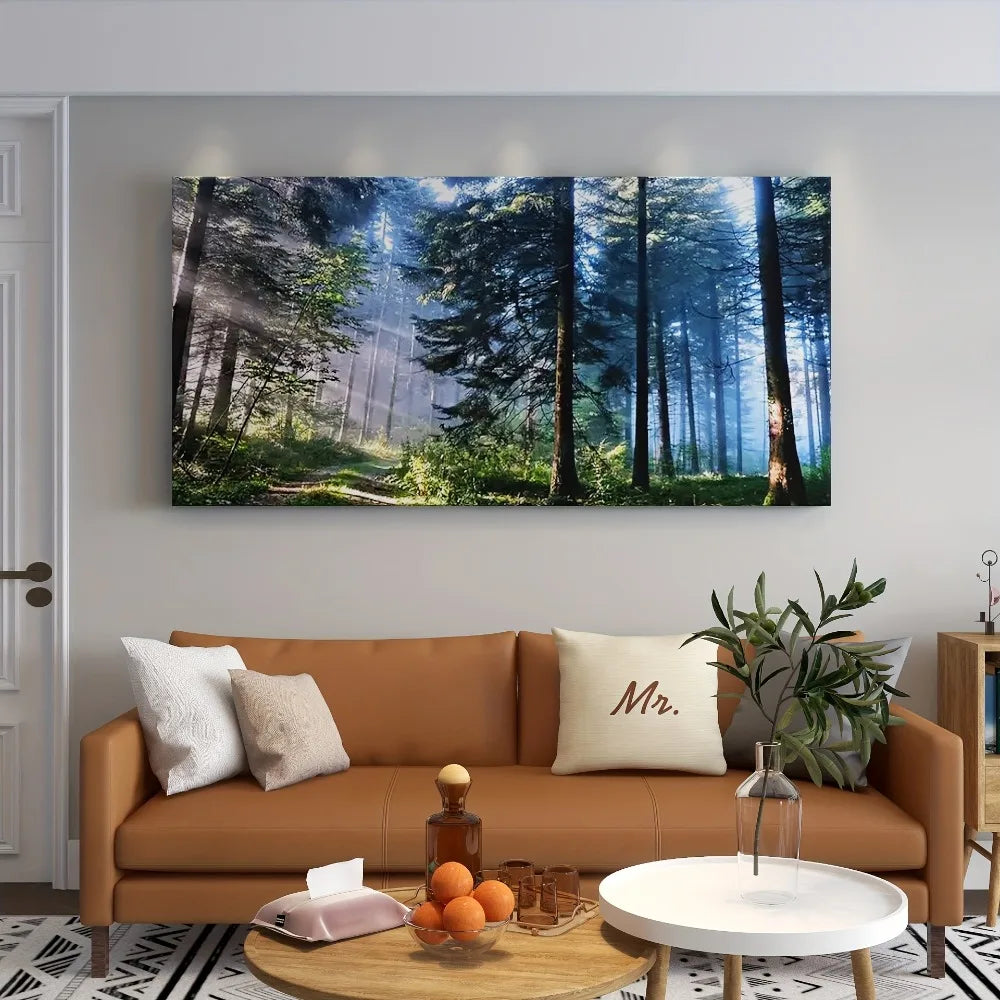 Modern Forest Landscape Canvas Wall Art With 1.5 Inch Thick Wood Frame Serene Enchanting Scene In Green And Blue - Cheerful Home Finds