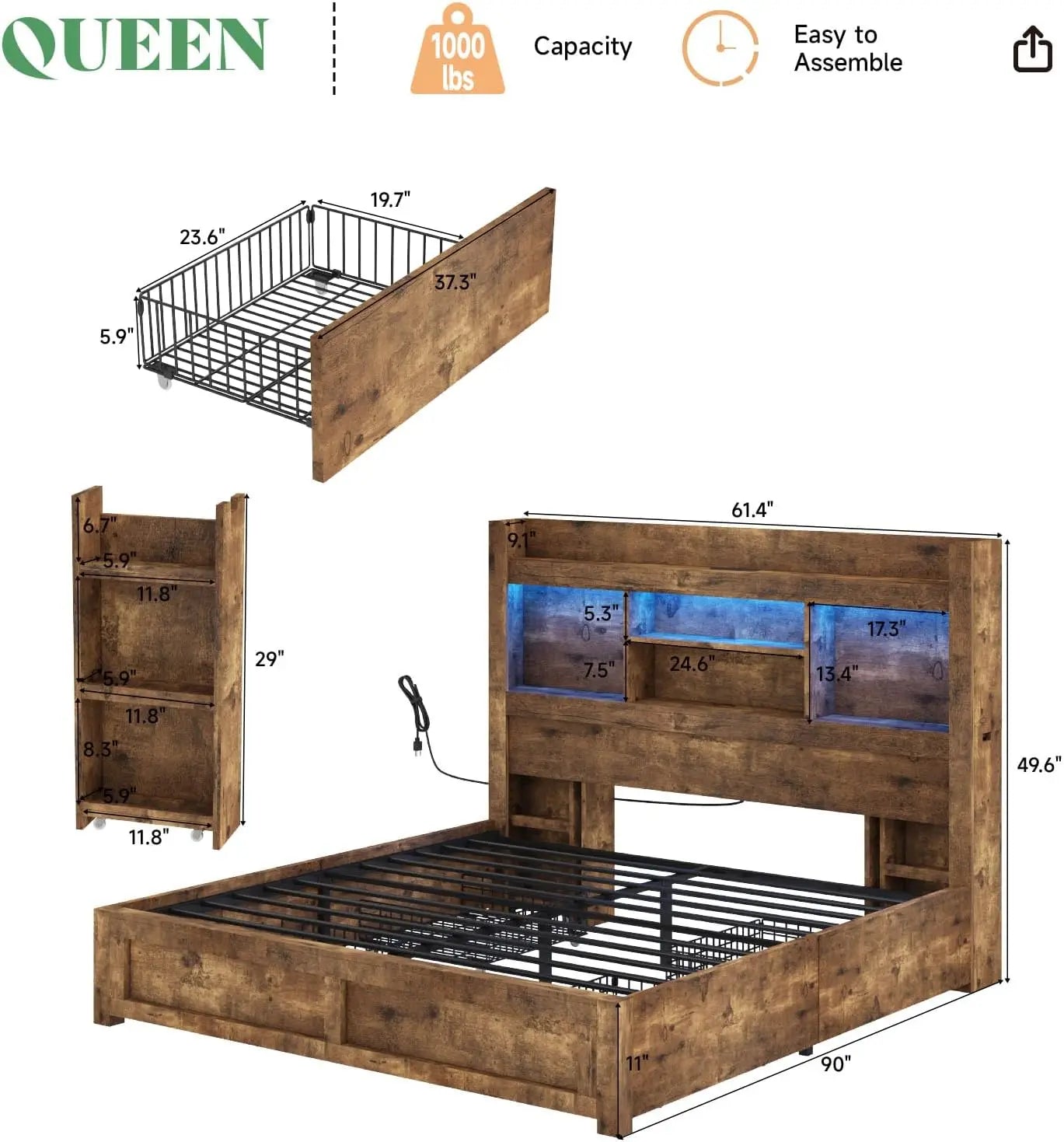 Queen Bed Frame With 4 Storage Drawers Wood Bed Frame With 49.6 Inch Tall Bookcase Headboard LED Platform Bed With Charging - Cheerful Home Finds