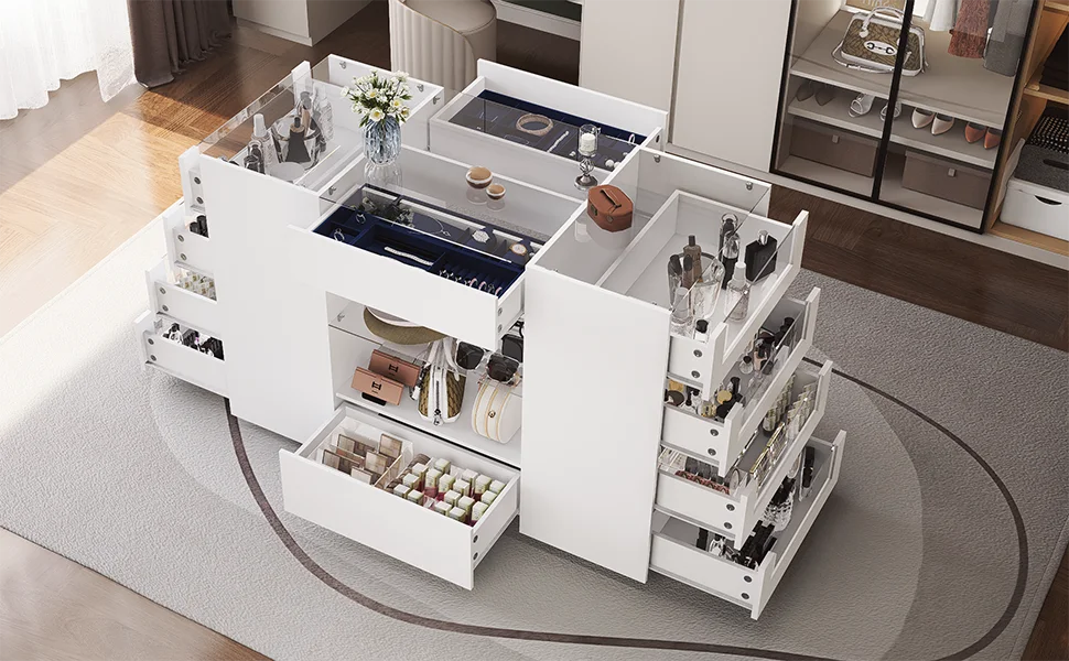 Closet Island with Drawers, White Dresser & Glass Top - Cheerful Home Finds