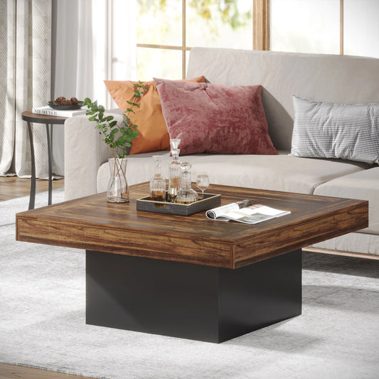 Tribesigns Square LED Coffee Table Engineered Wood Low Coffee Table for Living Room Rustic Brown and Black